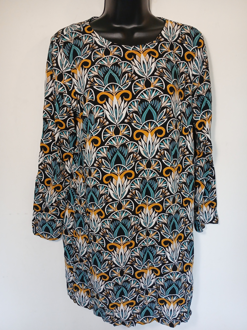 H&M Long-Sleeve Tunic Dress with Teal, Mustard & White Motif